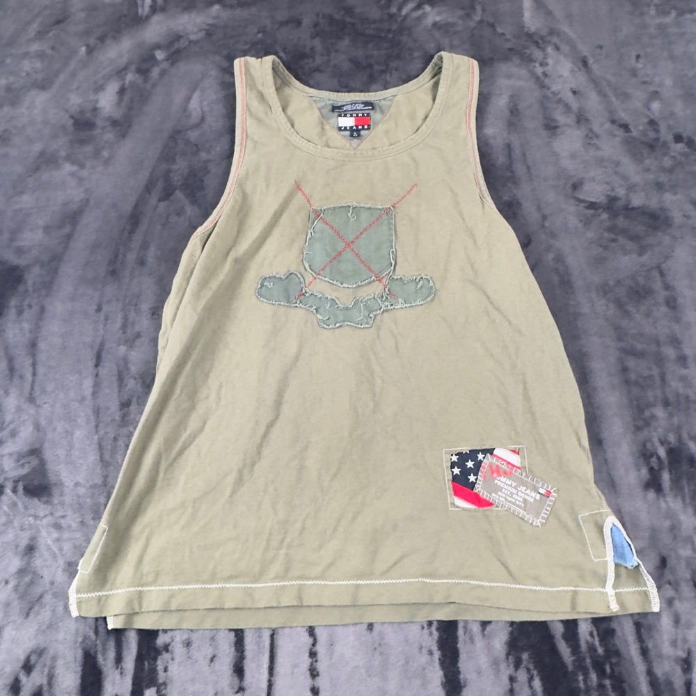 Tommy Jeans Tank Top Mens L Green Distressed Patchwork Sleeveless Tee 4030